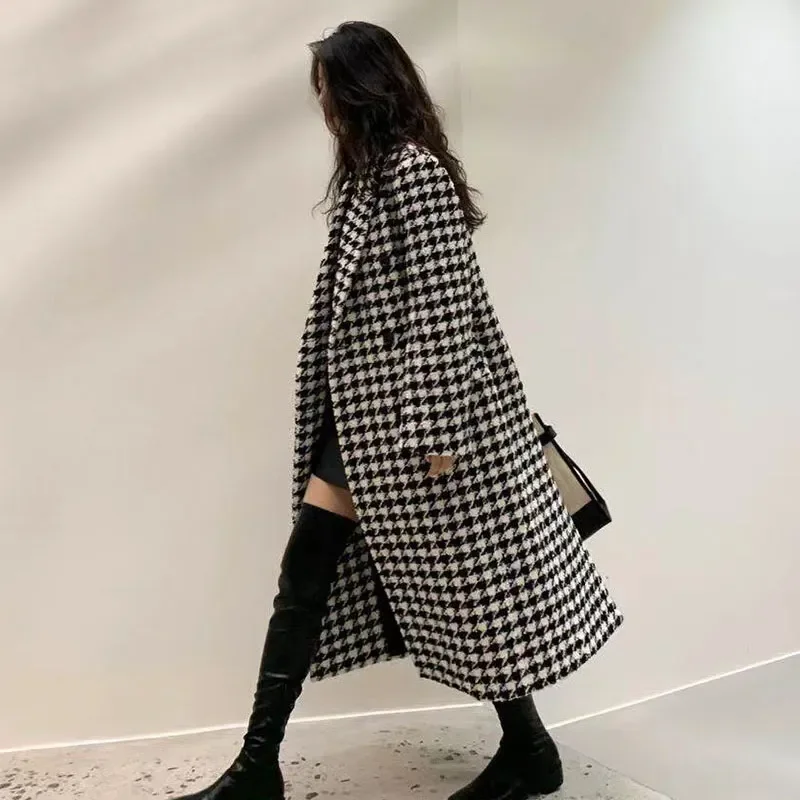 Fashion Houndstooth Faux Wool Jacket Women Autumn Korean Elegant Double Breasted Long Overcoat Winter Thick Warm Blend Wool Coat