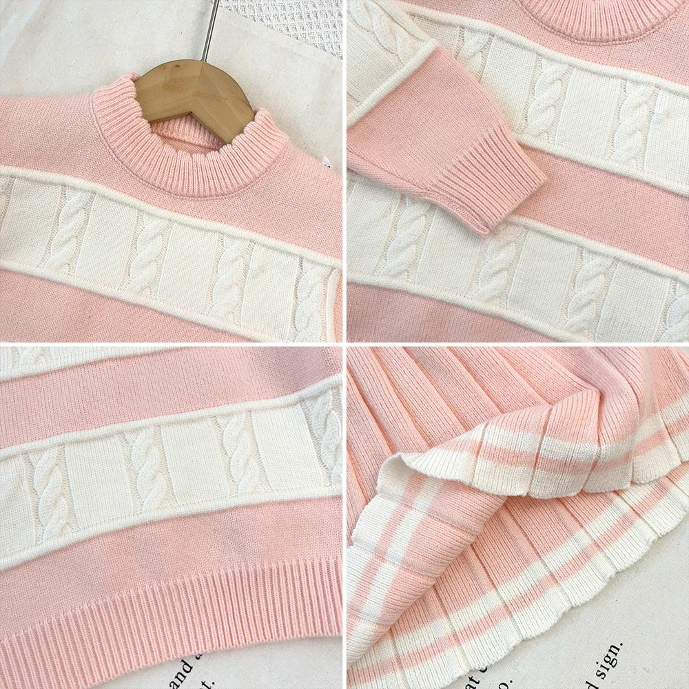 Europäischer und amerikanischer Stil, farblich abgesetzte Mädchenkleidung, Herbst-Winter-Strickpullover-Set für Kinder, langärmeliges Oberteil + Faltenrock – Detail 8