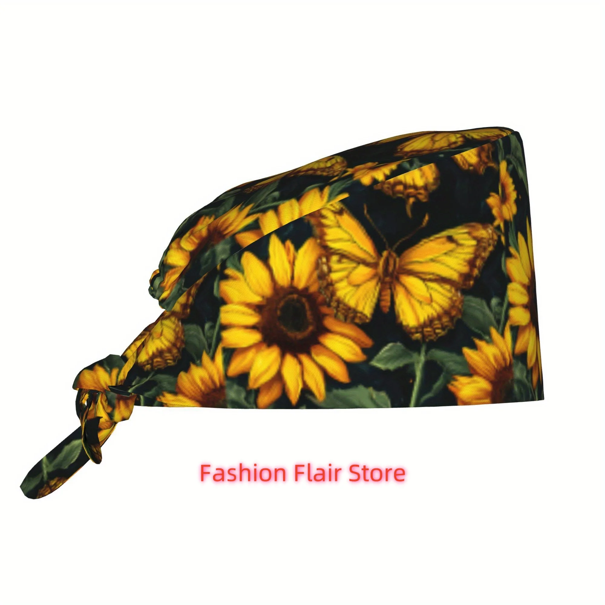 1pc Sunflower Unisex Stylish Printed Work Cap - Lightweight Adjustable Skull Cap Tie-Back Nurse Hat, Dustproof Chef & Cooking Ca