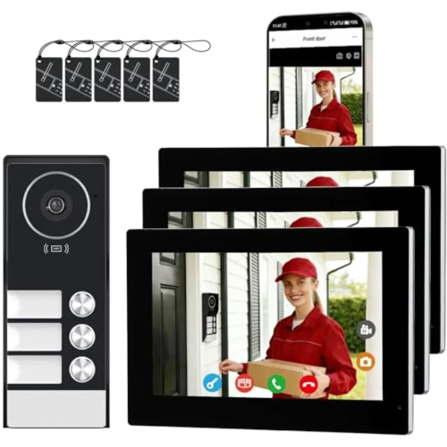 Apartment video intercom system for 3-unit buildings, metal housing, black, wired 7-inch touch screens, 1080P camera, dual-band