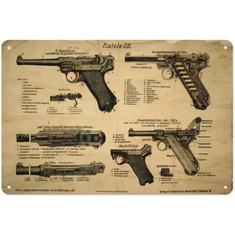 LugerPistol08GunSign WW2 Luger Pistol 08 Metal Tin Sign 12In - History GunCollector Gift, Office/Living Room Decor