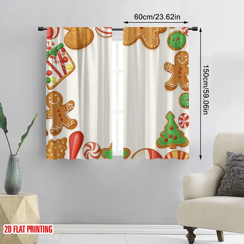 2pcs,2D plane printing Light Filtering Curtains Christmas Cookies Gingerbread Sweets (2) Polyester Woven (without rod) Outdoor