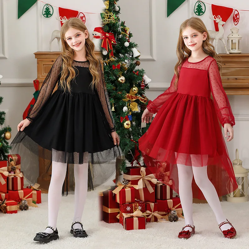 

Elegant Girls Tulle Puff Long Sleeve High Waist A Line Short Dress Party Gown For Kids Christmas Party Holiday Formal Outfits