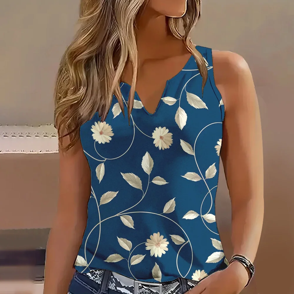 Summer Lightweight And Comfortable Floral Print Women\'s Simple Plus Size Vest Fashionable Street V-neck Elegant Sleeveless Top