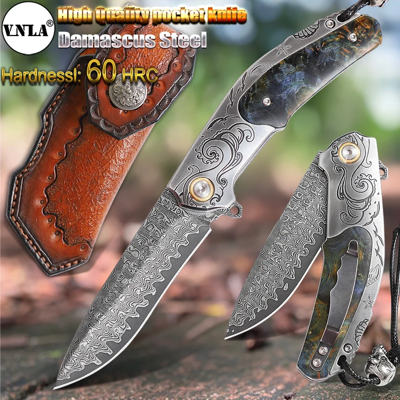 

VNLA Damascus Steel Folding Sharp Fruit Knife Outdoor Camping Fishing hunting survival Tactics EDC Tool Knife Pocket Clip Knife