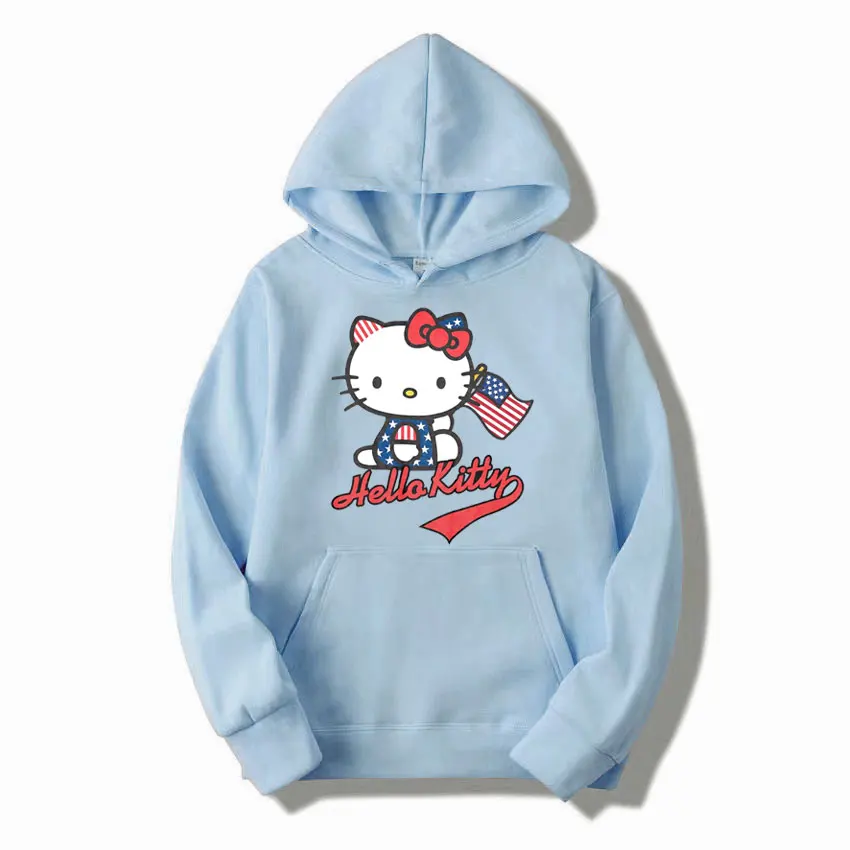 Gray Hello Kitty Men Hoodie Cartoon Anime Fashion Women Oversized Sweatshirt Tops Spring Autumn Couple Pullover Clothing