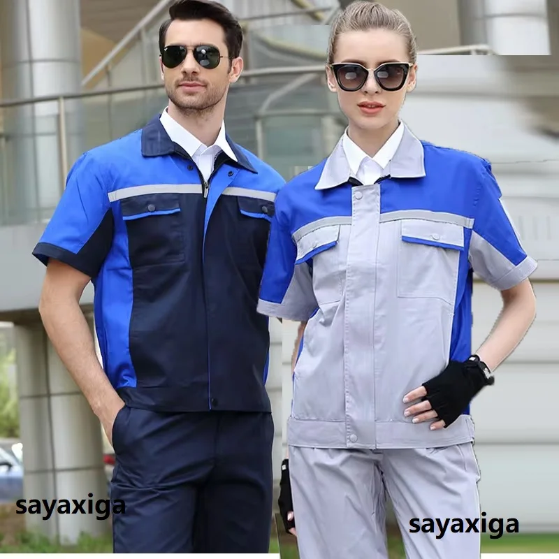 

Summer work clothing contrast color auto repairman mechanical working coveralls hi vis safety construction labor suits officers