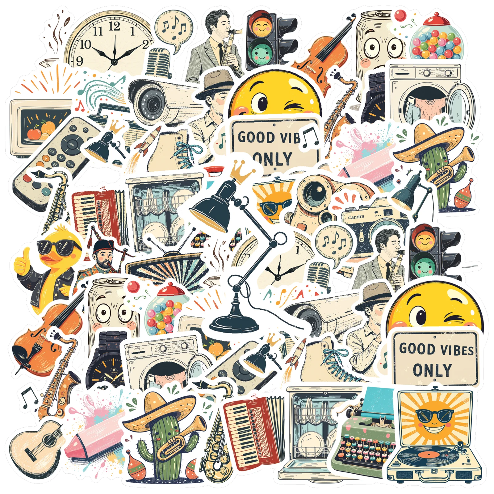 35pcs-100pcs Cartoon Retro Decals Playful Music Vintage Stickers Stationery Stickers For Guitar Suitcase Laptop