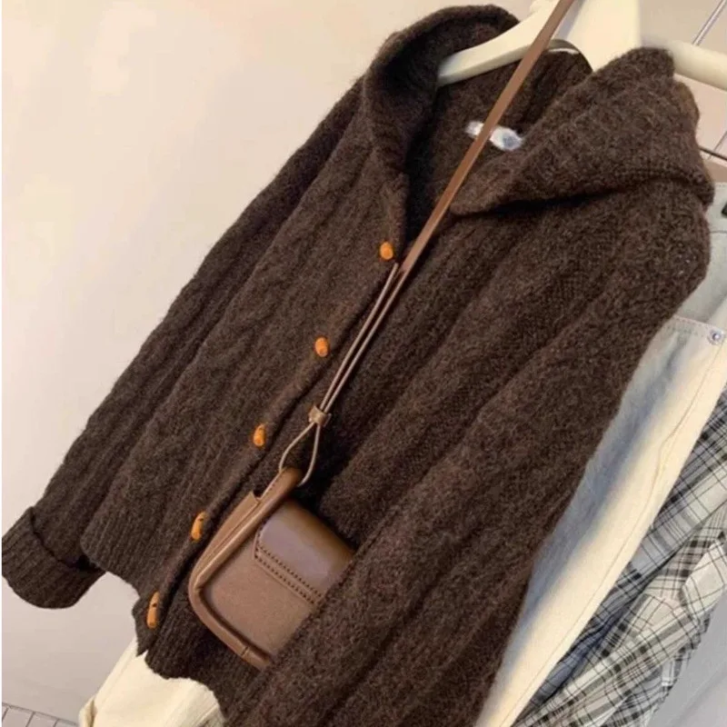 Sueter Mujer Invierno 2024 Korean New Sweater Women Hooded Solid Vintage Twist Long Sleeves Knitted Cardigan Outwear KCR3307