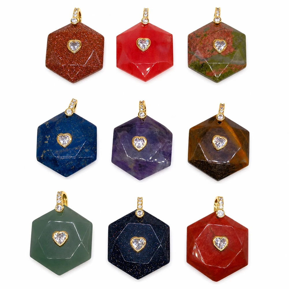 28x37mm Hexagram Shape Carved Natural Crystal Stones with Heart Zircon Amethyst Quartz Gemstone for Diy Necklace Pendant