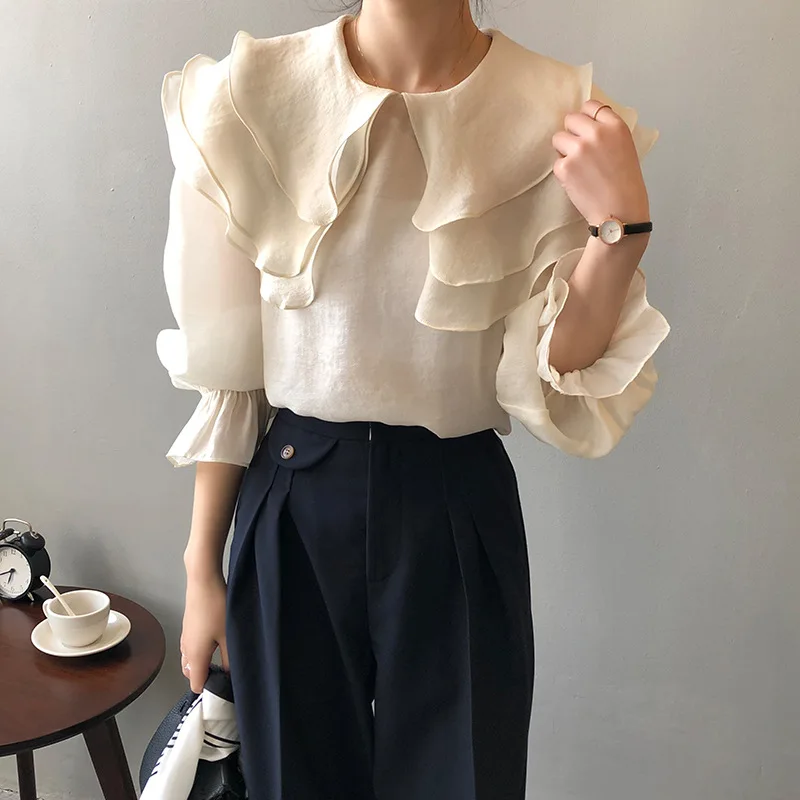 2024 Spring New Women Blouse Ruffle Elegant Designer Shirt Light Doll Neck Long Sleeve Top Casual Beautiful Female Clothing 8037