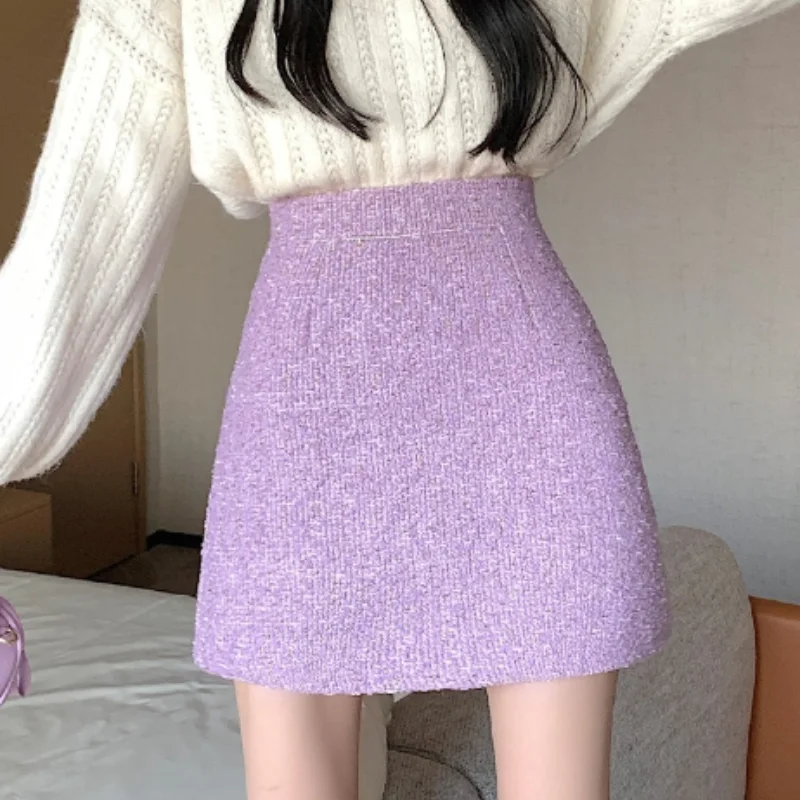 2024 New Coarse Floral High Waist A-line Hip Wrapping Skirt for Women Autumn/Winter Korean High-end Fashion Purple Short Skirt