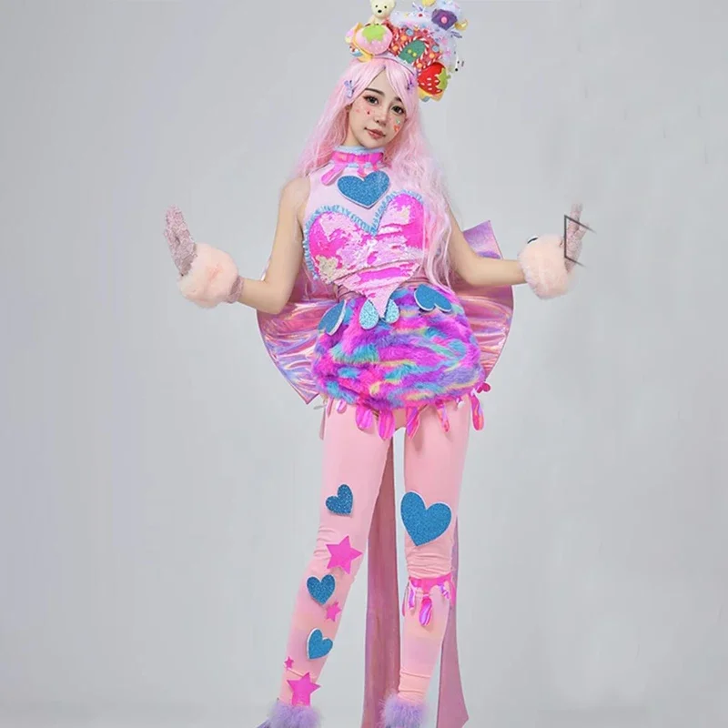 Trajes de baile Gogo bonitos para mujer, traje de fiesta rosa para Festival, ropa de Cosplay Rave, ropa para discoteca, ropa para el escenario XS6931