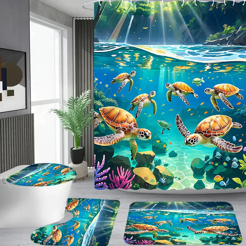 

4 шт. черепахи в лесу и реки, набор занавесок для душа, занавеска для душа с 12 крючками, коврик для ванной комнаты, U-образный для унитаза