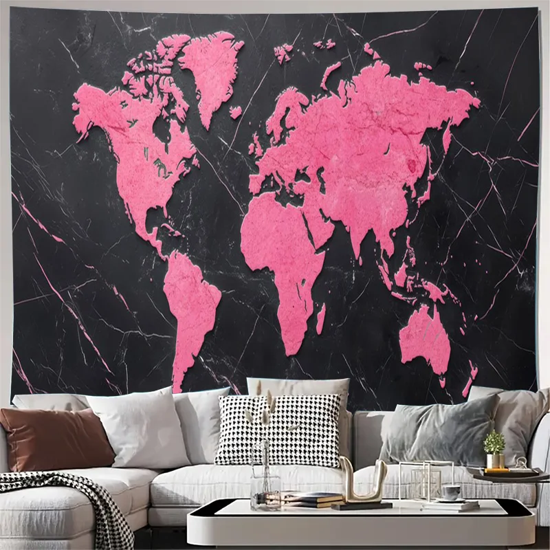 Tapisserie esthétique de la carte du monde rose, style marbre noir, art mural géographique mondial pour la décoration du salon et de la chambre