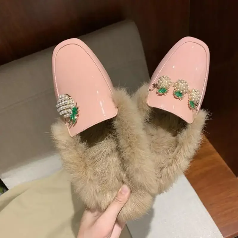 

Womens Real Rabbit Fur Backless Pineapple Pearls Leather Slipper Mule Slide Princetown Shoes Square Toe Mules Warm Plus