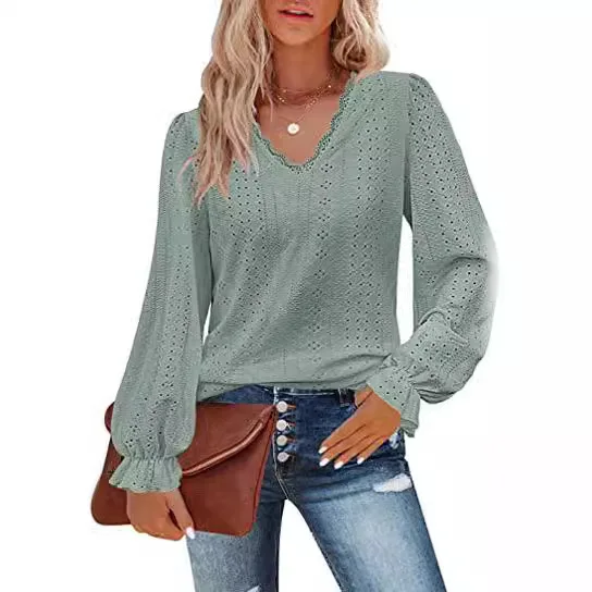 2024 Spring Summer Women's Long Sleeve Tops V-neck T-shirt Hollow Casual Pleated Sleeve Top Shirt Women's Summer Blouse Tops