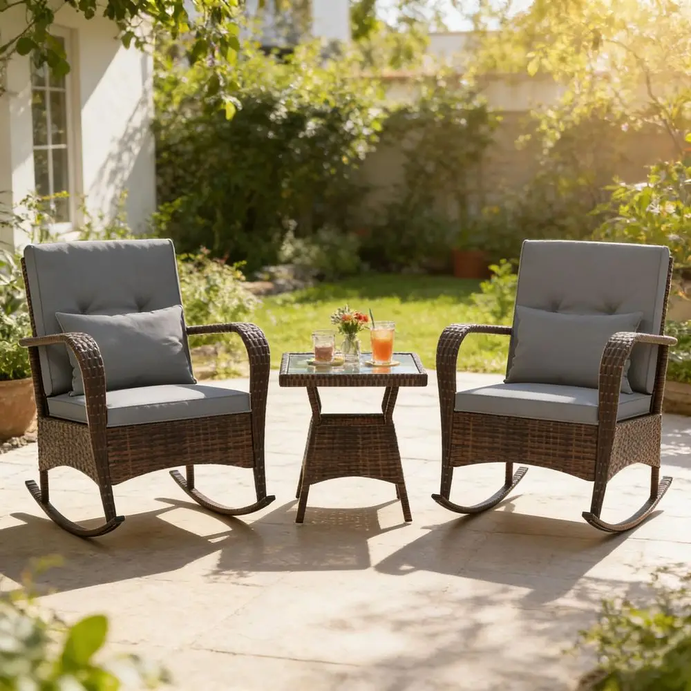 

Outdoor Rocking Chairs Set of 2, 3 Piece PE Wicker Patio Bistro Set with Coffee Table amp Thick Cushions, Rattan Patio Rocker F
