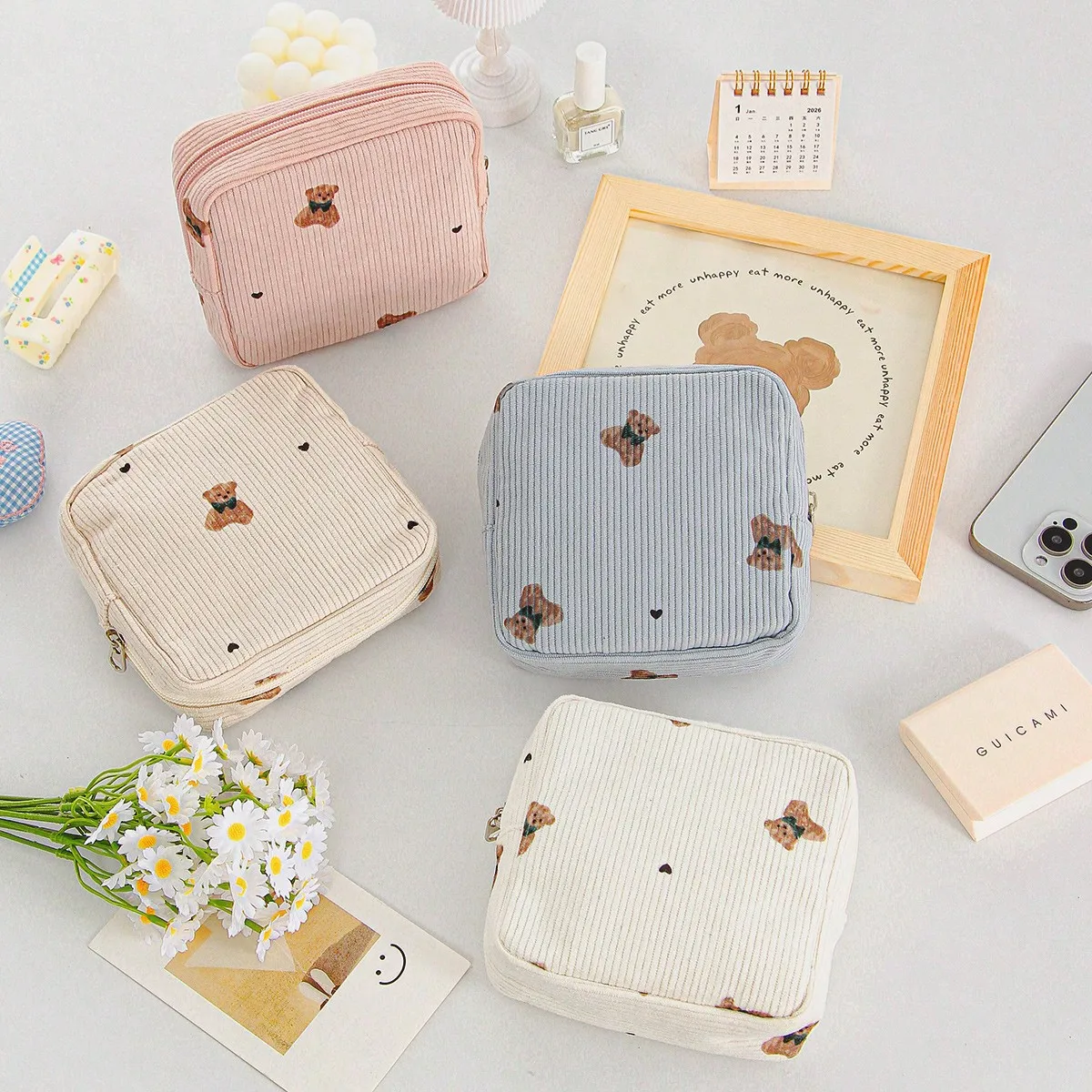 Cute Teddy Bear Design Small Square Bag Corduroy Storage Bag Makeup Bag Cute Sanitary Napkins Storage Bag Soft Fabric Storage Bag Travel Portable Storage Bag Girl Menstrual Pad Storage Bag Lipstick Storage Bag Bag sb260707102085266838893