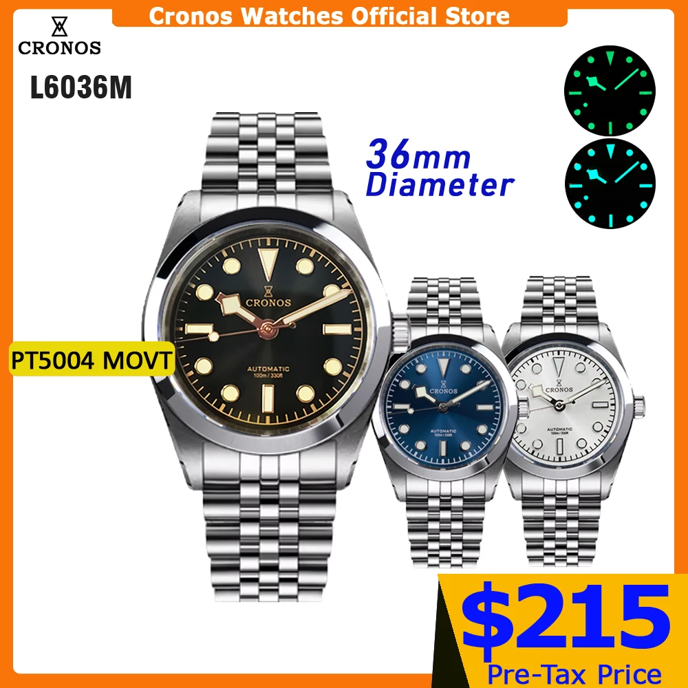 Cronos BB36 Mechanical Men Watch 36mm Automatic PT5000 Sapphire Glass Bushed Bracelet Solid 5 Links 10ATM L6036M