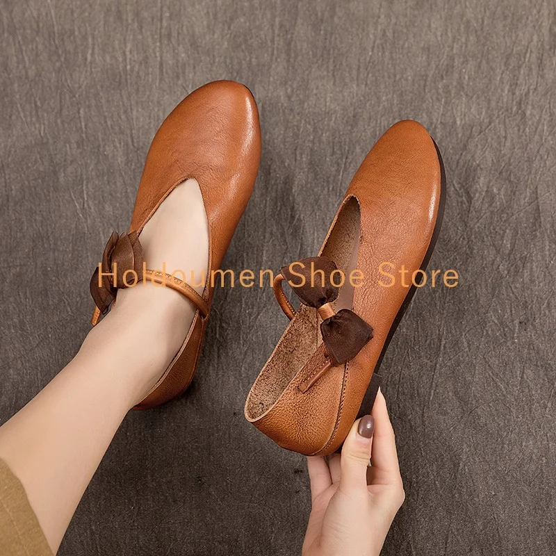 

Autumn Retro Brown Cute Round Toe V-Shaped Mouth Flat Shoes Soft Leather Slip On Ankle Strap Mesh Bow Decor Daily Casual Shoes