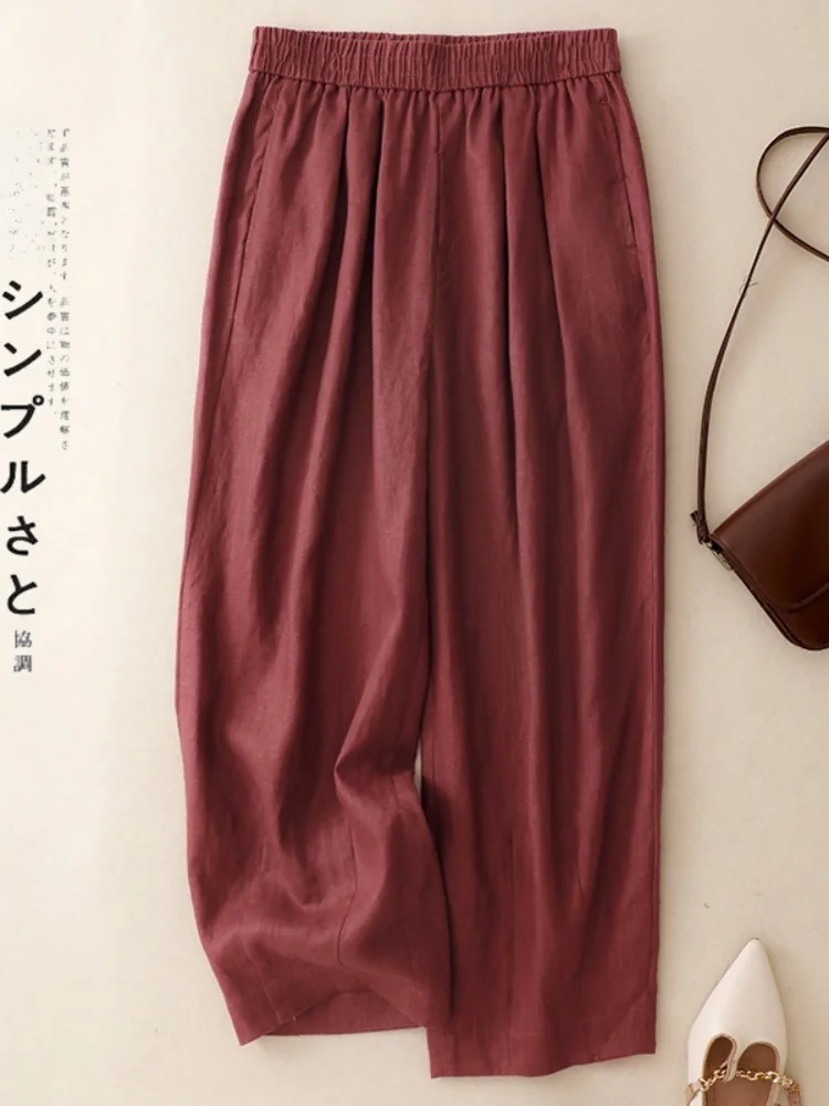 กางเกงผ้าลินินทรงหลวมสบายๆ สำหรับผู้หญิง ฤดูร้อน เอวยางยืด ทรงบอลลูน ช่วยให้ดูผอมลง น้ำหนักเบา ใช้งานได้หลากหลาย
