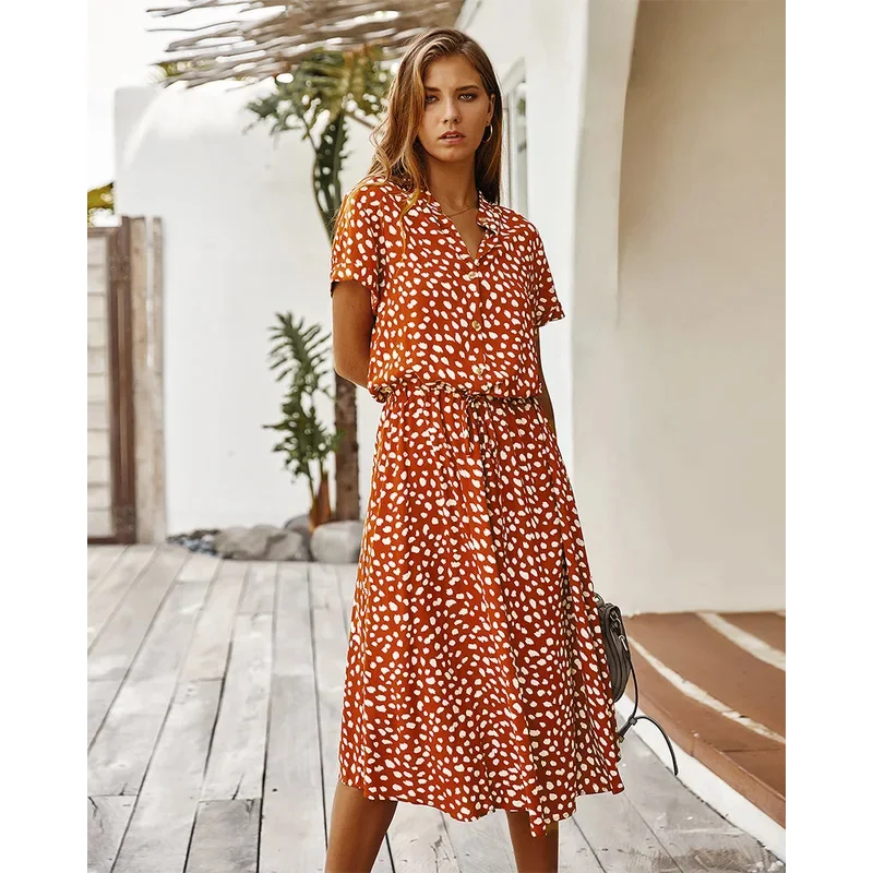 

Винтажное платье с цветочным принтом, женское, в стиле бохо, с коротким рукавом, длинное, с отложным воротником, повседневное, с поясом, платье-рубашка, лето 2026