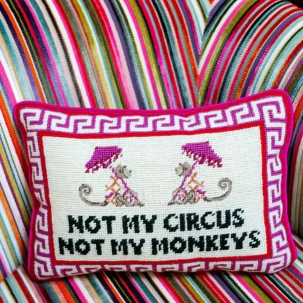 Throw Pillow - Not My Circus Not My Monkeys, Small Embroidered Accent Pillow for Bed, Chair, Couch, Sofa, Handmade,