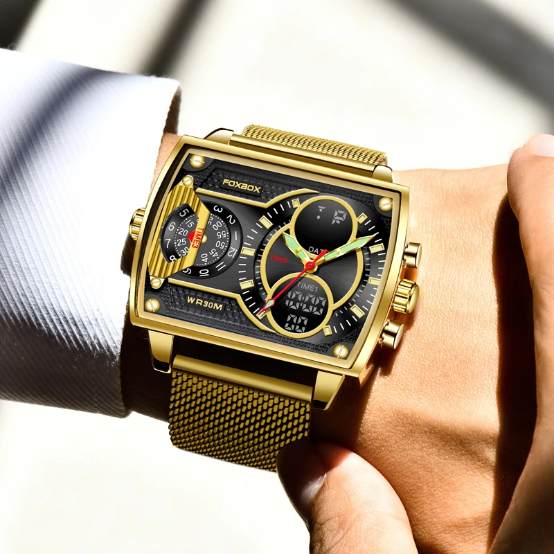 FOXBOX Fashion Casual Watch Men Digital Dual Time Week Gold Sport 3bar Waterproof Quartz Wristwatches Clock Relogios Masculino