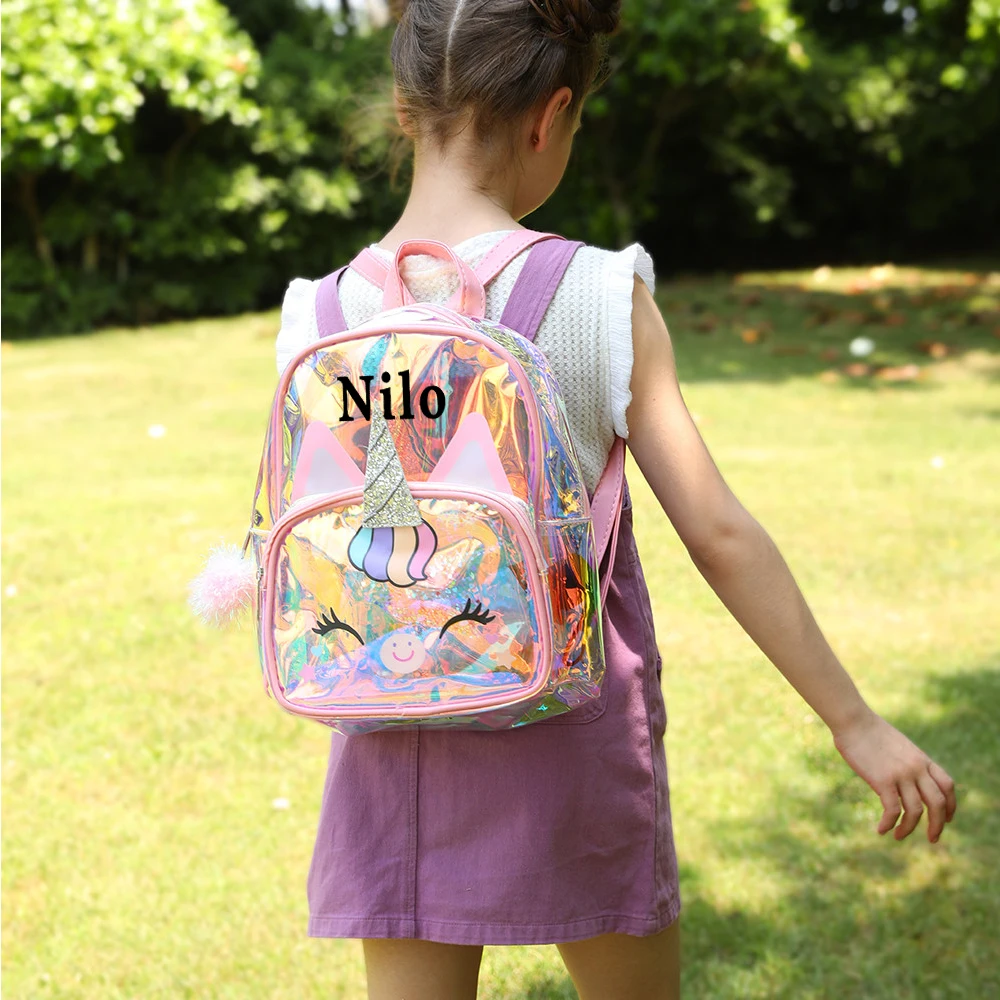 New Arrival Unicorn Backpack Custom Name Children\'s Cartoon Backpack Transparent PVC Girl\'s Outdoor Bag Student Schoolbags