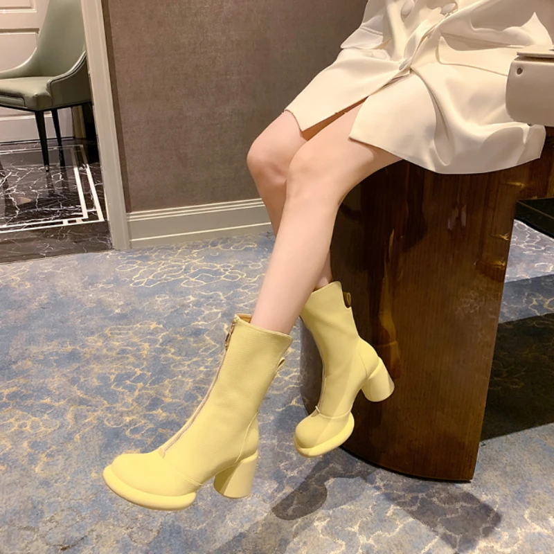 الخريف والشتاء أزياء جديدة دافئة بلون مثير جولة تو الجانب سستة مريحة كعب سميك أنيقة المرأة أحذية قصيرة #2