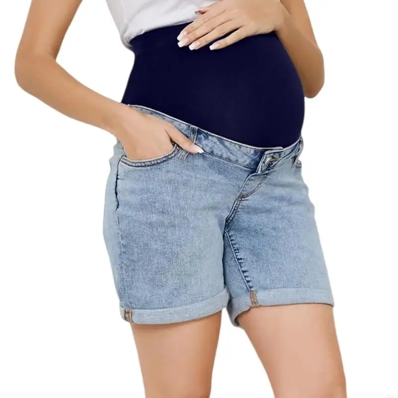 Elastische Überbauch-Schwangerschafts-Jeans-Shorts, gerollter Saum, atmungsaktiv, bequem für werdende Mütter, tägliches Tragen – Detail 2