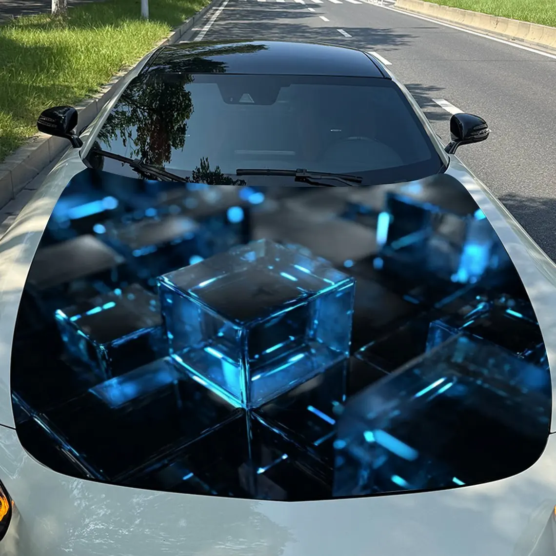 Radiant Transparent Blue Square Pattern Car Hood Decal-Scratch Resistant, Weather Resistant PVC, Easy To Stick, Adding Bold Desi