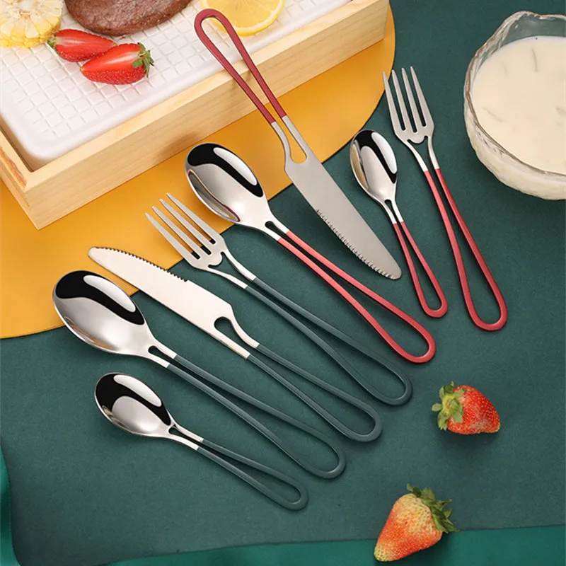 4 Pcs Hollow Handle Stainless Steel Dinnerware Set Western Spoon Dessert Fork Steak Knife Cutlery Set Tableware Kitchen Utensil