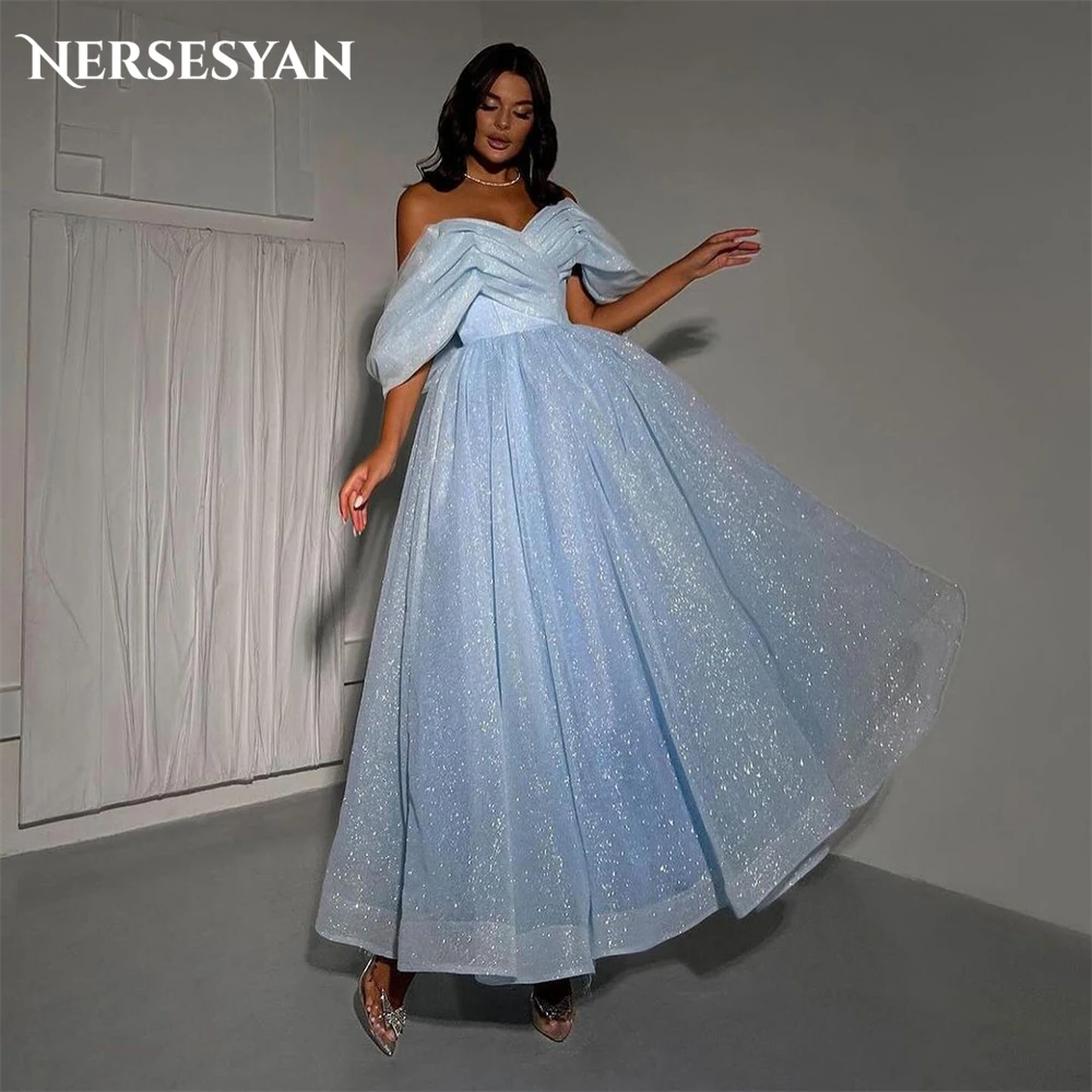 

Nersesyan Sky Blue Glitter Formal Evening Dresses Off Shoulder Pleated V-Neck A-Line Prom Dress Backless Sparkly Party Gowns