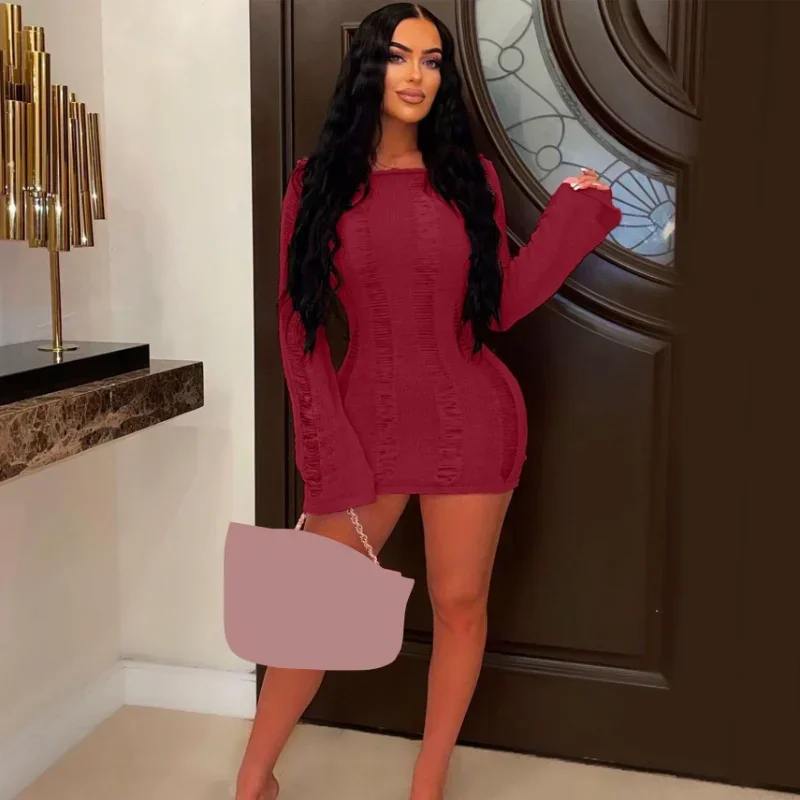 Kexu Open Rug Sexy Gat Doorzichtig Gebreide Jurk Vrouwen Koreaanse Mode Lange Mouw Bodycon Bandage Nachtclub Feest Mini Jurk