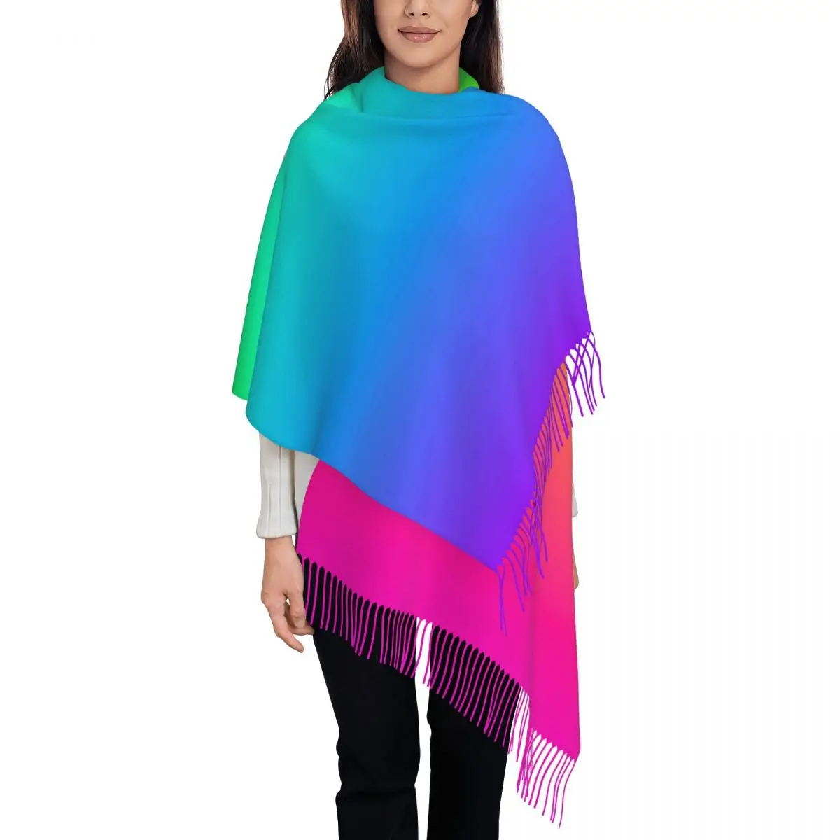 Neon Rainbow Ombre Scarf Tassel Scarves for Women Soft Warm Shawls and Wraps Long Fall Winter Shawl Wrap