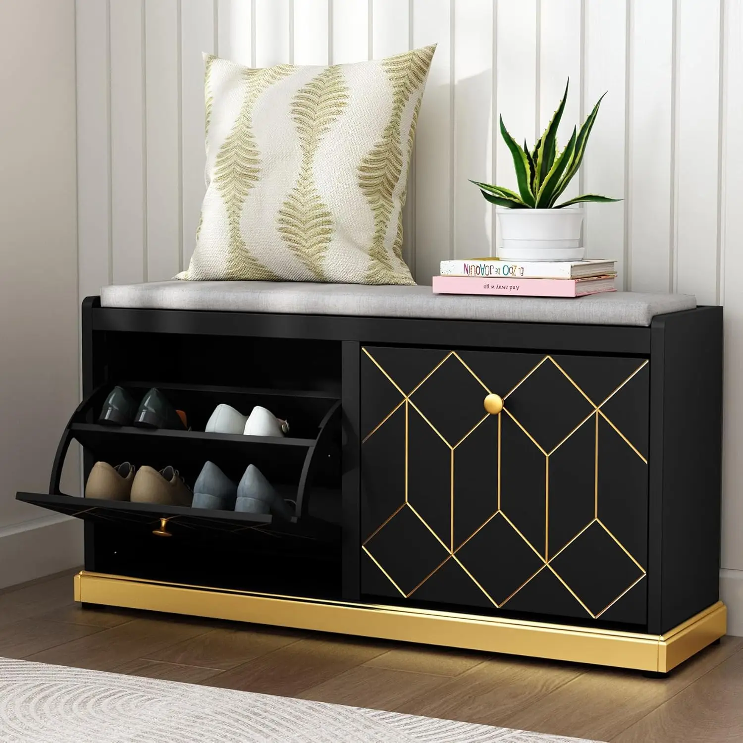 

Modern Shoe Bench with Storage, Entryway Bench with 2 Flip Drawer & Padded Cushion Seat, Shoes Storage Bench for, Customized