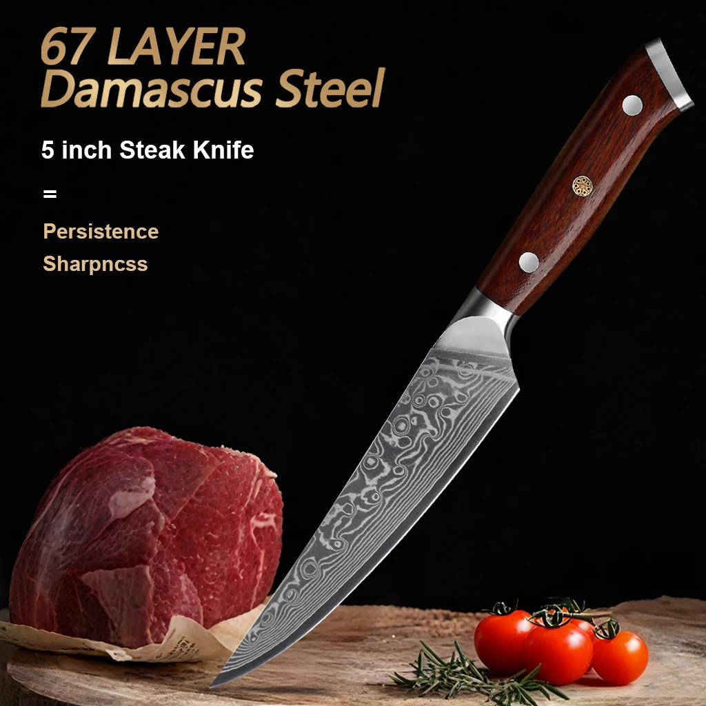 

Damascus Steel 5 inche steak knife Razor-Sharp Durable Blade For Kitchen With Ebony Handle