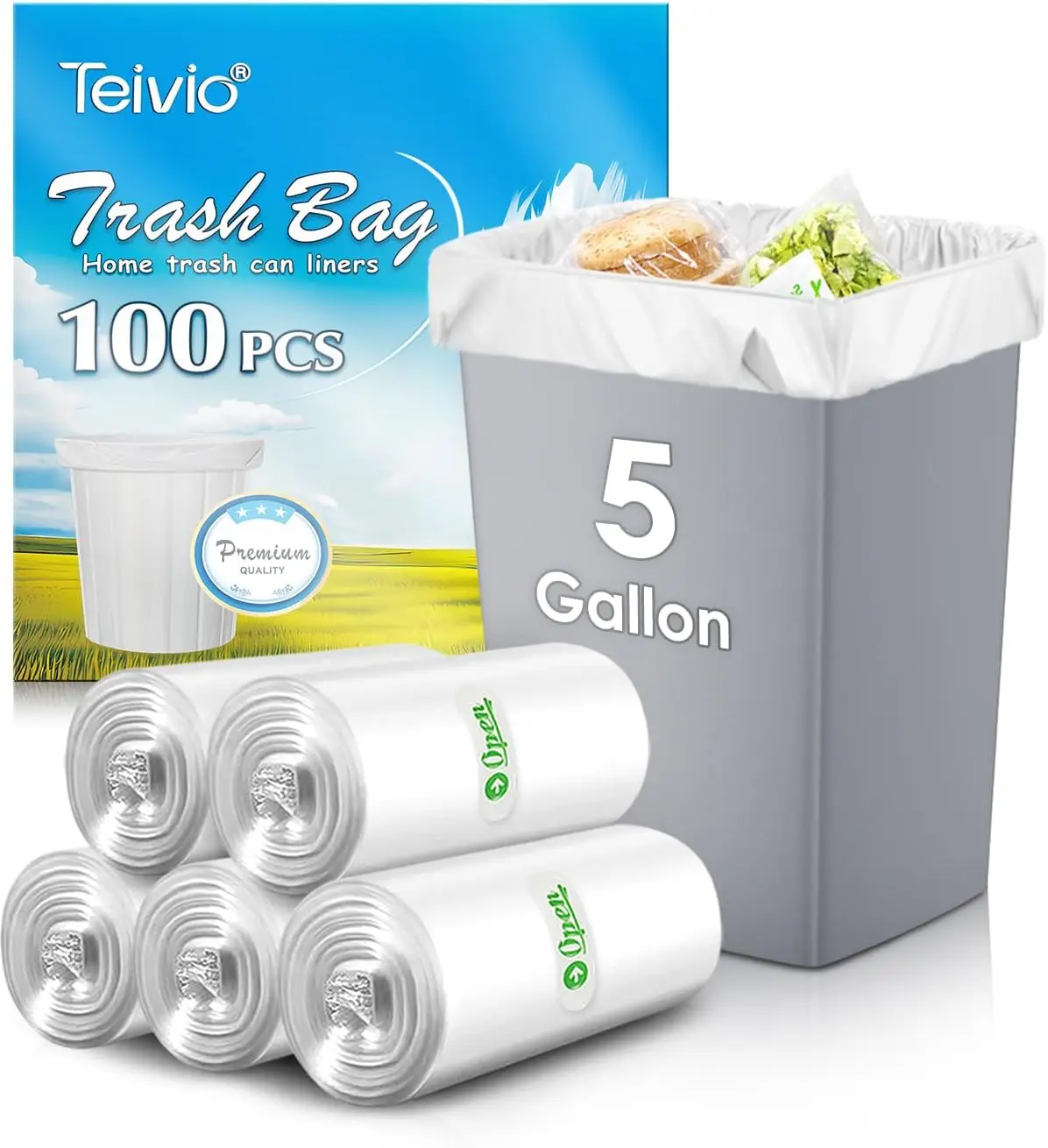 

5 Gallon 100 Counts Strong Trash Bags, Clear Garbage Bin Liners for Home Kitchen Office Bathroom