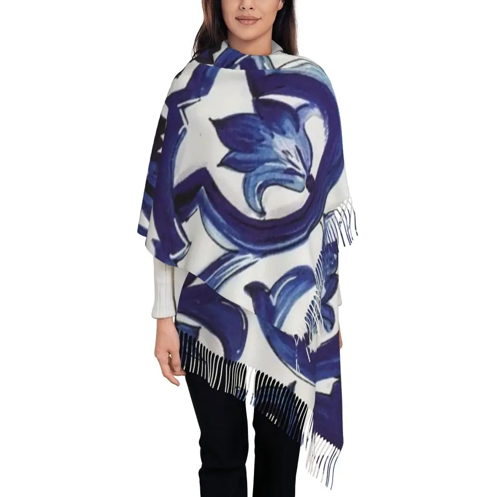الأزرق المزخرف الأزهار البحر الأبيض المتوسط صقلية بلاط وشاح شرابة الأوشحة النساء شالات و يلتف كبير الخريف الشتاء شال التفاف