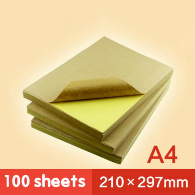 A4 Kraft Sticker Writing Carton Color Inkjet Laser Printing Self-adhesive Adhesive Leather Label Sticker Yellow Paper 100 Pieces