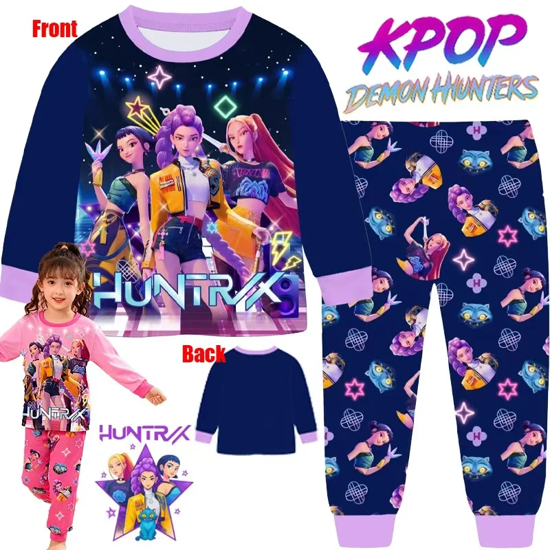 طقم بيجامات للأطفال من Kpop Demon Hunters - تي شيرت بناتي بأكمام طويلة + بنطلون 2 قطعة، ملابس منزلية للأطفال على الموضة للخريف