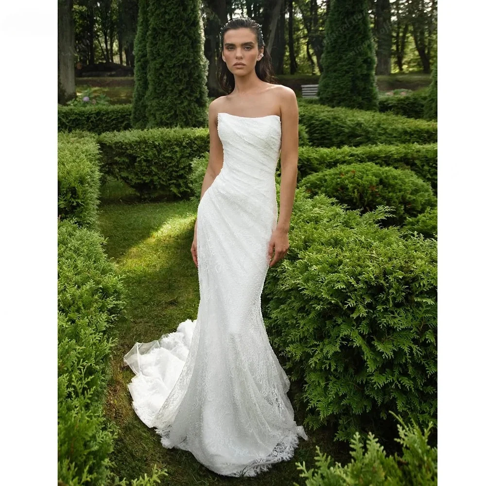 Customized Strapless Mermaid Wedding Dress Floral Lace Appliques Corset Bridal Gown Elegant Long Train Backless Bridal Dress
