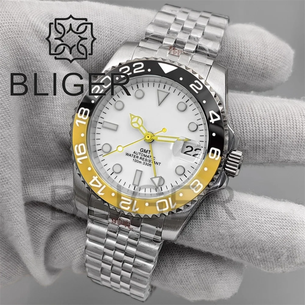 BLIGER 40mm Yellow NH34 GMT Mechanical Men Watch 24 hours Black Yellow Ceramic Insert 10bar Waterproof Luxury Diver Clock Rejor