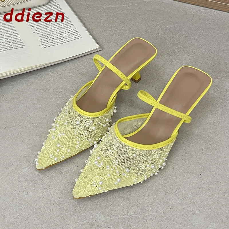 

Fashion Lace Embroider Slingback Thin Heels Women Pumps Pointed Toe Heeled Sandals Summer Elegant Luxury Designer Lady Shoes