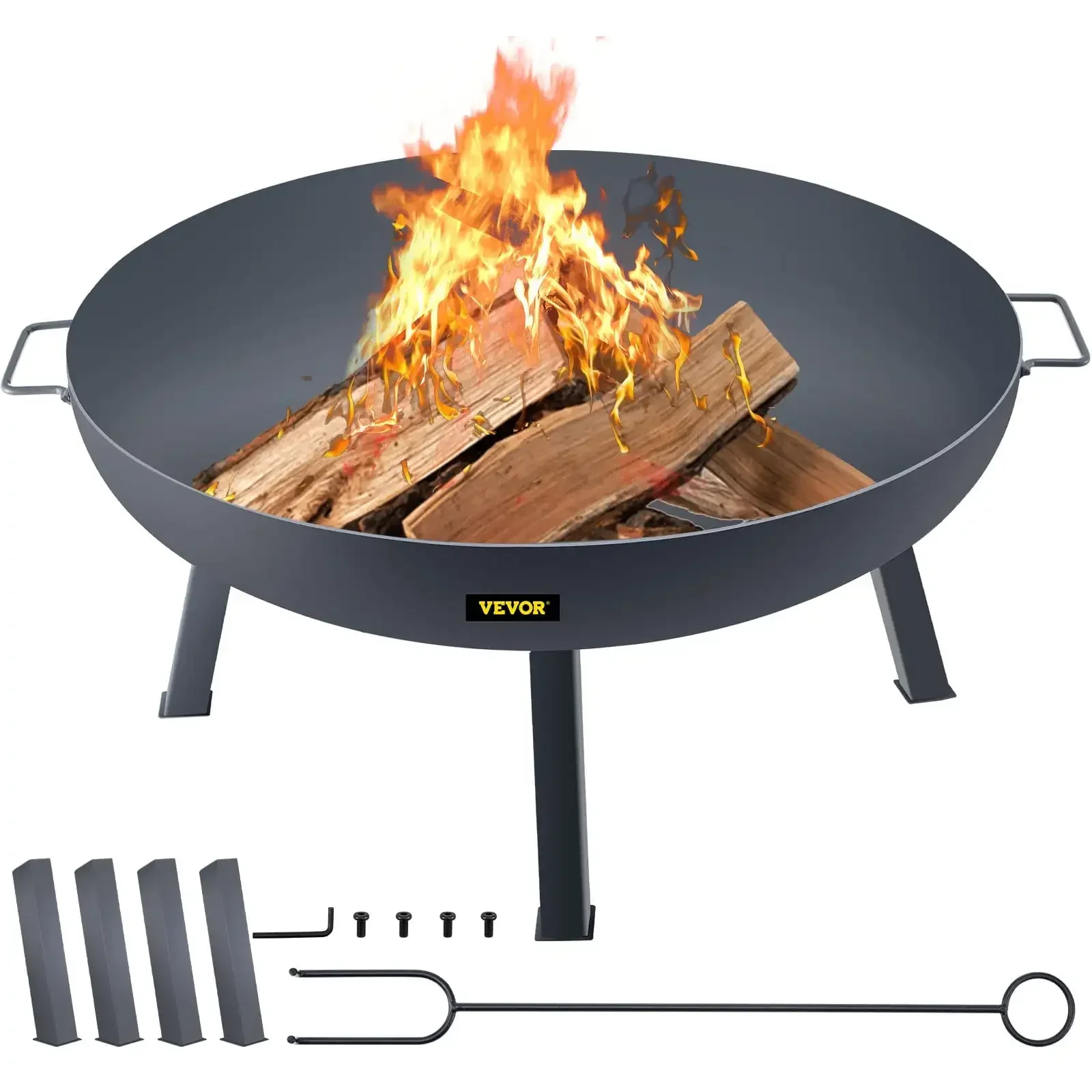 Fire Pit Bowl, 34-inch Diameter Round Carbon Steel Fire Bowl, Wood Burning for Outdoor Patios, Backyards & Camping Uses