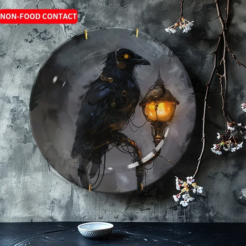 1pc Vintage Ceramic Decorative Plate - Black Bird & Lantern Art, Non-Food Contact Home Wall Decor for Living Room, Entryway,