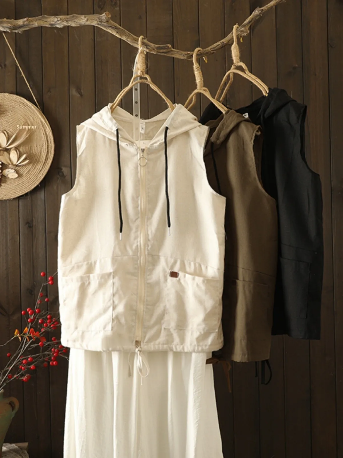 

Spring Autumn Cotton Linen Hooded Vest Women Loose Casual Zipper Pure Color Vest Jaet Commute Sle with ket Details