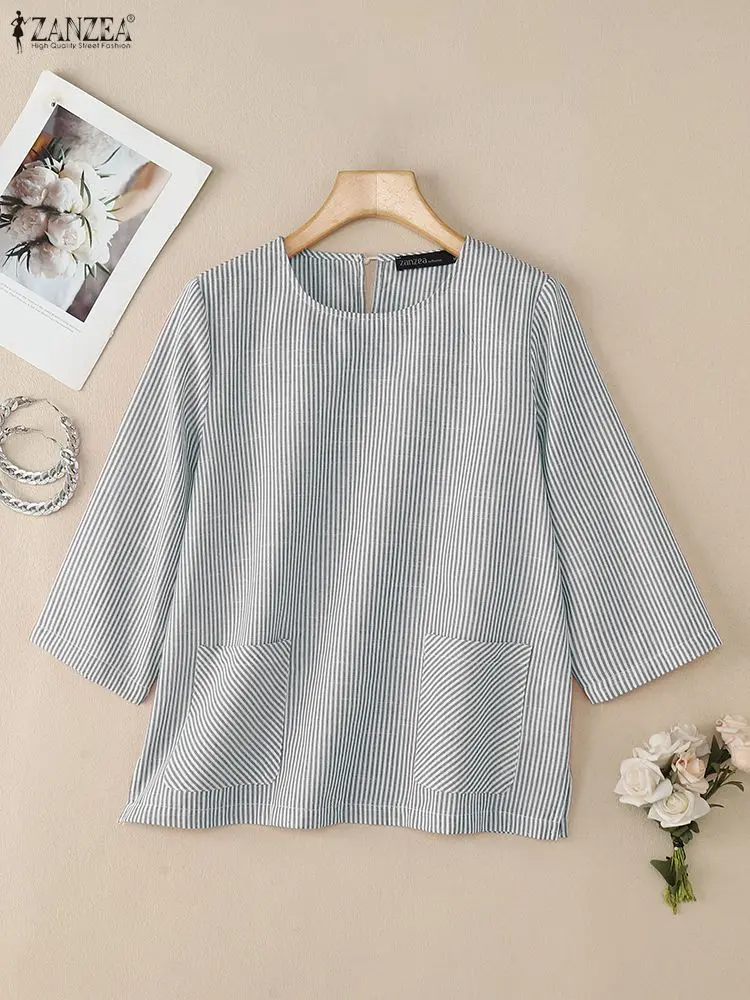 

ZANZEA Stylish Striped Blouse 2025 Summer Women Tops Casual O Neck 3/4 Sleeve Blusas Mujer Female OL Work Shirt Chemise Oversize